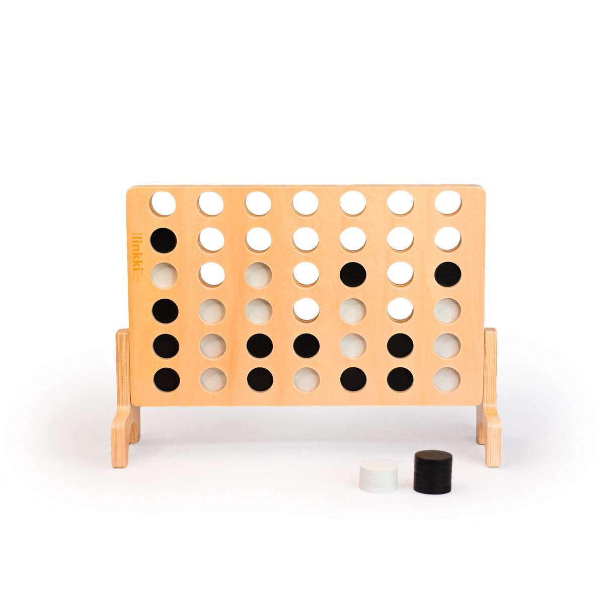 Linkki 39 timber connect-four board mid-game with black and white discs