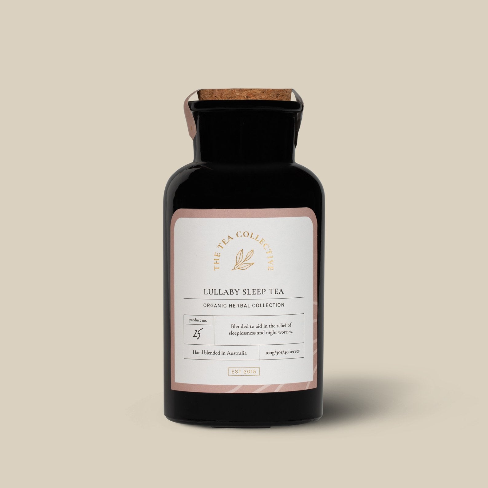 Lullaby Sleep Tea boutique glass jar with cork lid and blush Tea Collective label