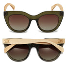 Milla Khaki sunglasses front-on and folded from above, with Soek engraved on the pale maple arms