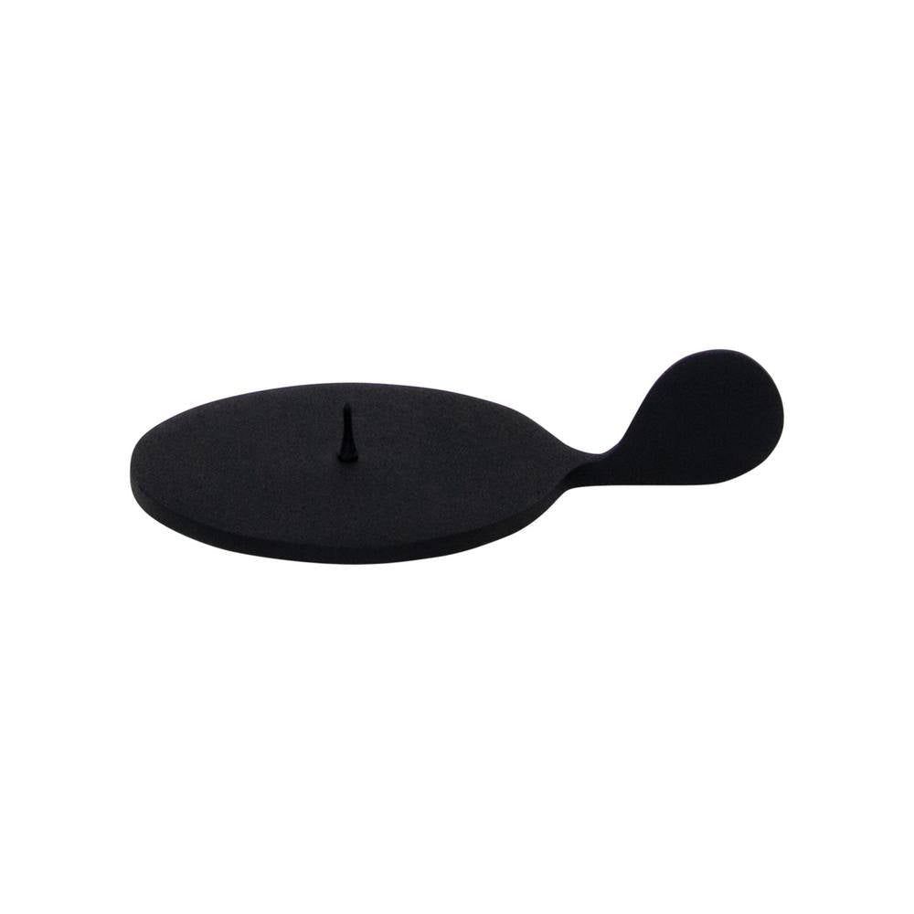 Ostra small black candle holder with flat oval tray, centre spike and curved carry handle