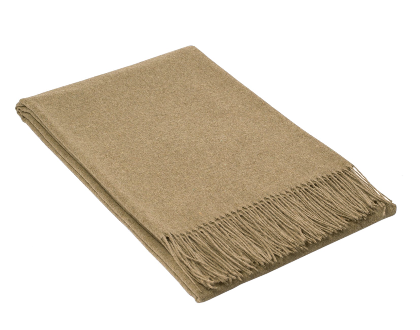 Camel-coloured merino wool blend throw folded with a knotted fringe along the front edge