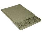 Olive green merino wool blend throw folded neatly with a knotted fringe along one edge